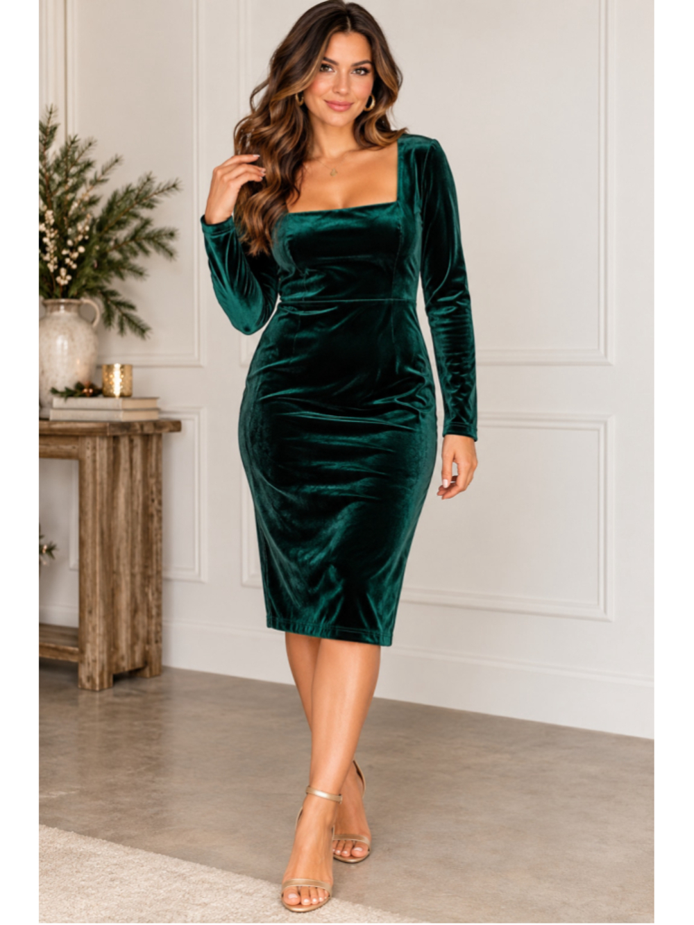 Hello Miz NWT Emerald Green Velvet Square Neck Midi Dress M